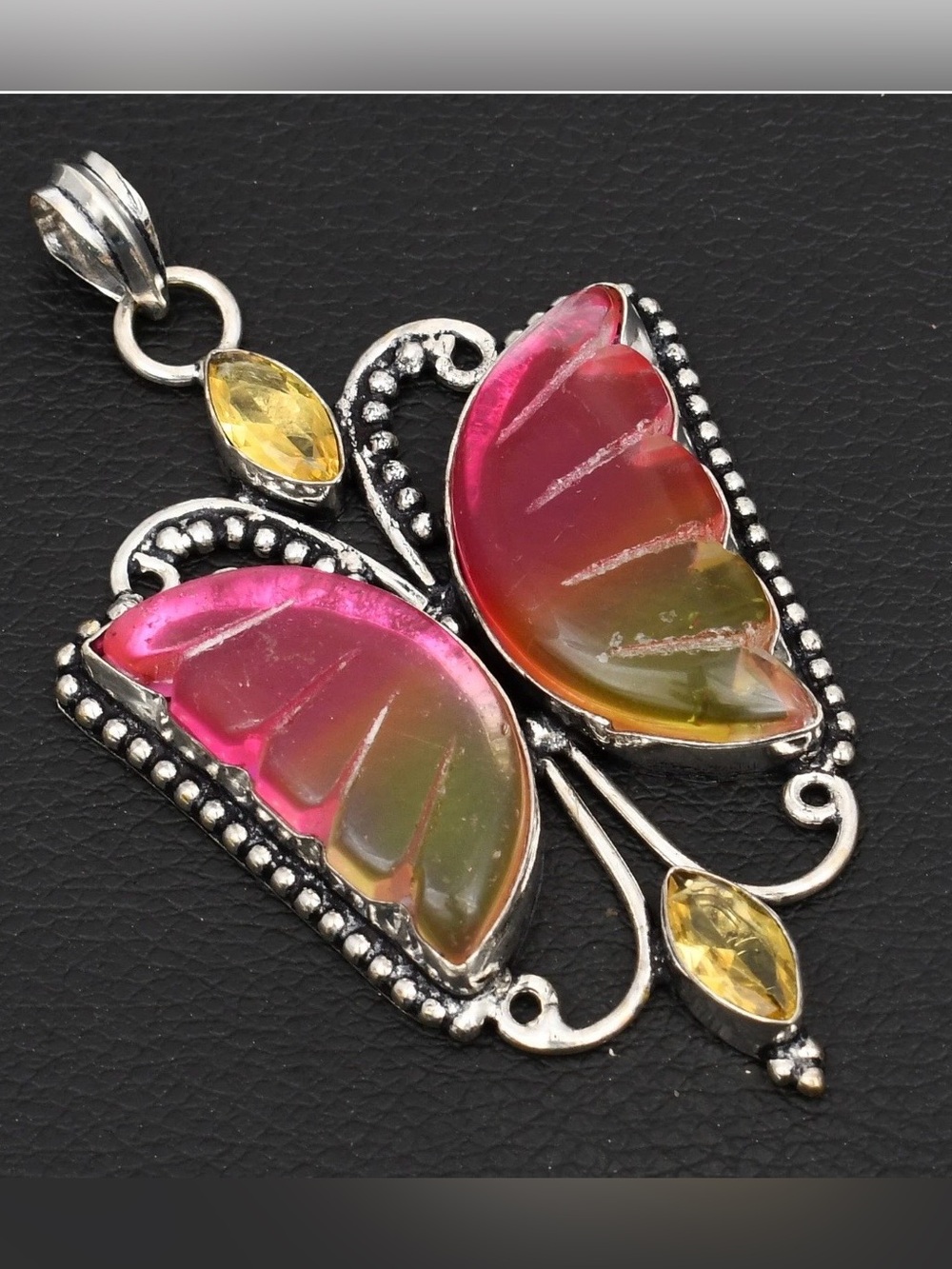Bi-Color Tourmaline & Citrine Gemstone Butterfly Pendant Necklace